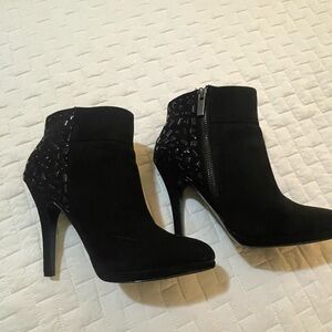 Nina Black Suede Ankle Booties with Embellished Heel